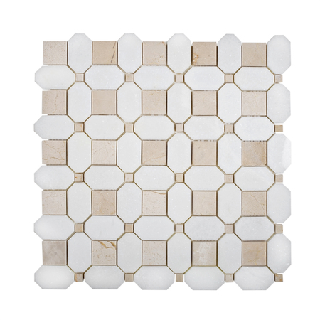 APOLLO TILE Sample, Crema Ocatogon & Thassos Dot 12.2"x12.2" Marble Mosaic Tile APLVL99S11EC57 Sample